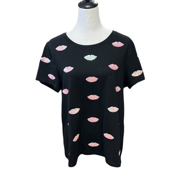 F21 Black Short Sleeve Tee with Pink Sequin Lip Applique (XL) - Picture 1 of 2